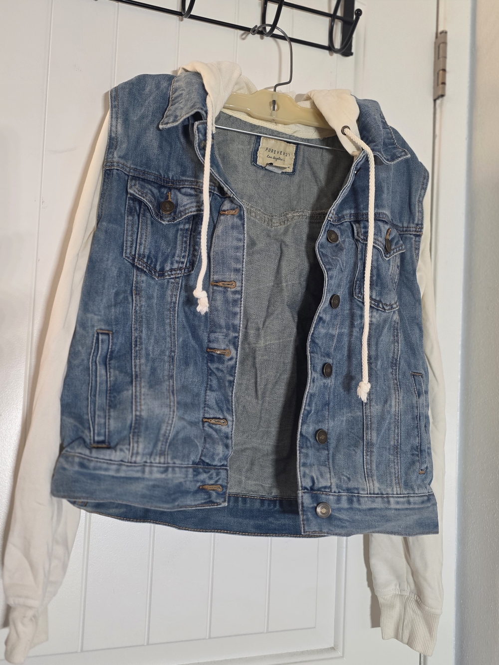 Forever 21 Blue Denim Jacket with Cream Hooded Sleeves